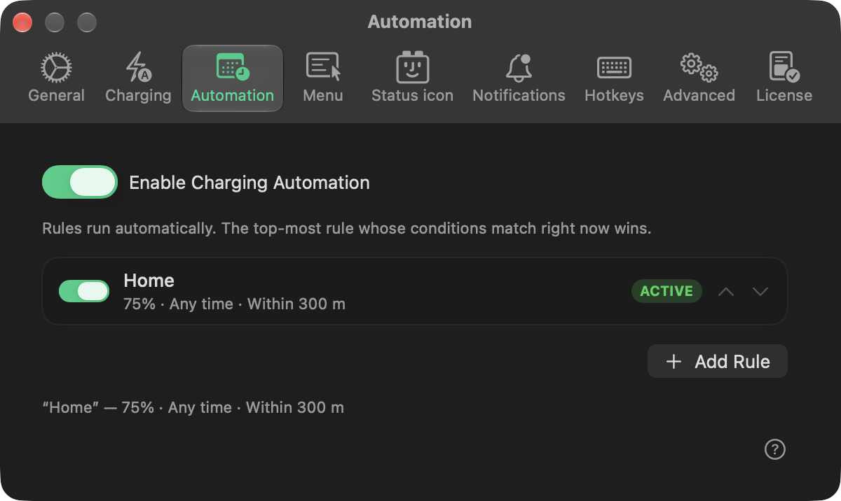 BatFi’s Automation settings: charging automation switched on, with a rule named Home holding 75 percent at any time within 300 metres, marked ACTIVE.