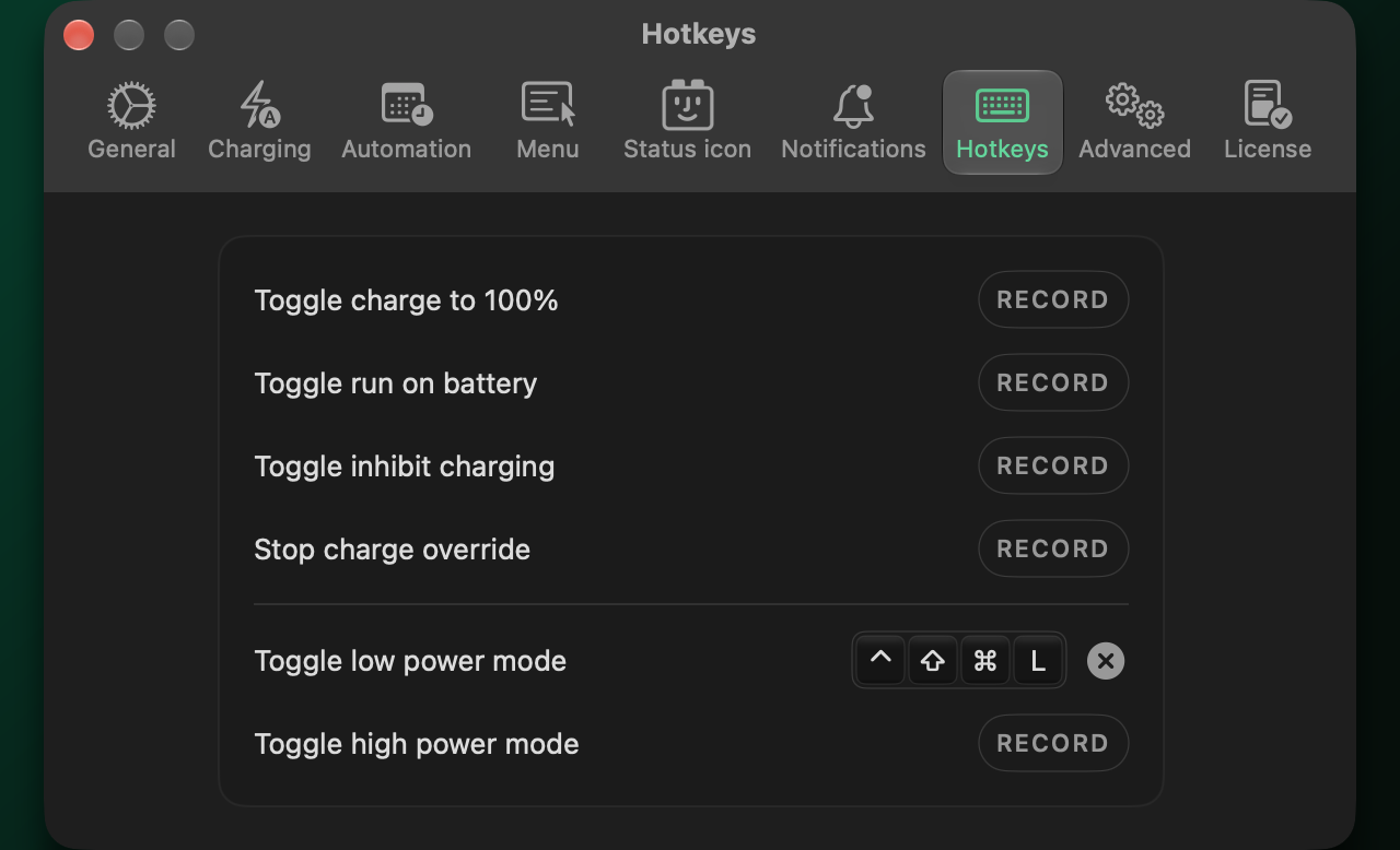 BatFi’s hotkeys: toggle charge to 100 percent, run on battery, inhibit charging, and low power mode recorded as control shift command L.