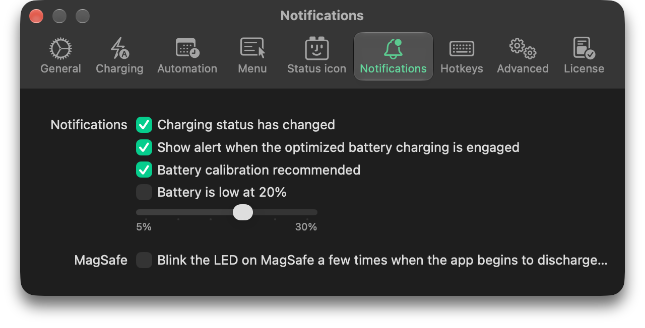 BatFi’s notification settings: charging status changes, optimised charging alerts and calibration reminders, with a low battery threshold slider.
