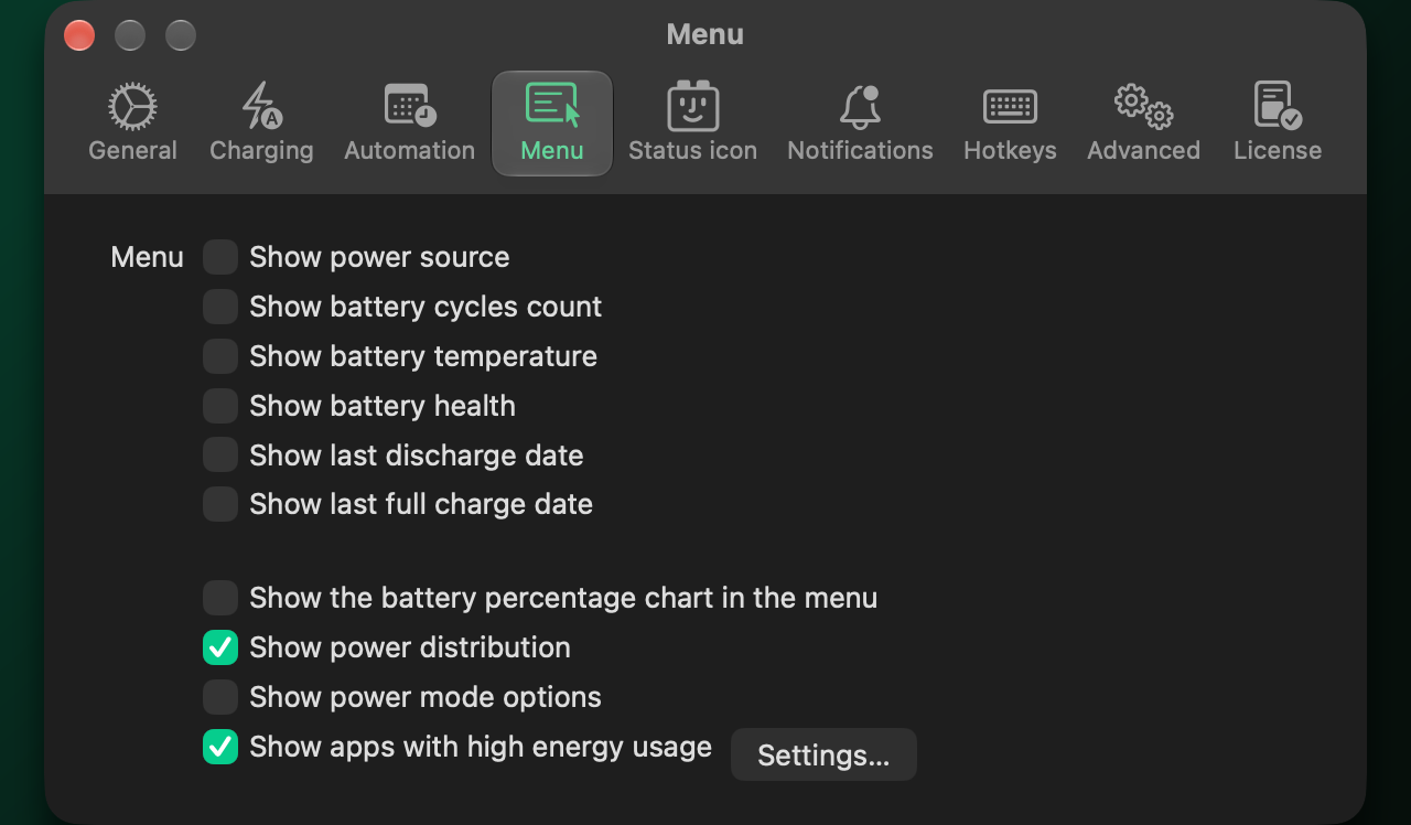 BatFi’s menu settings: show power source, battery cycles count, battery temperature, battery health, last discharge date and last full charge date.