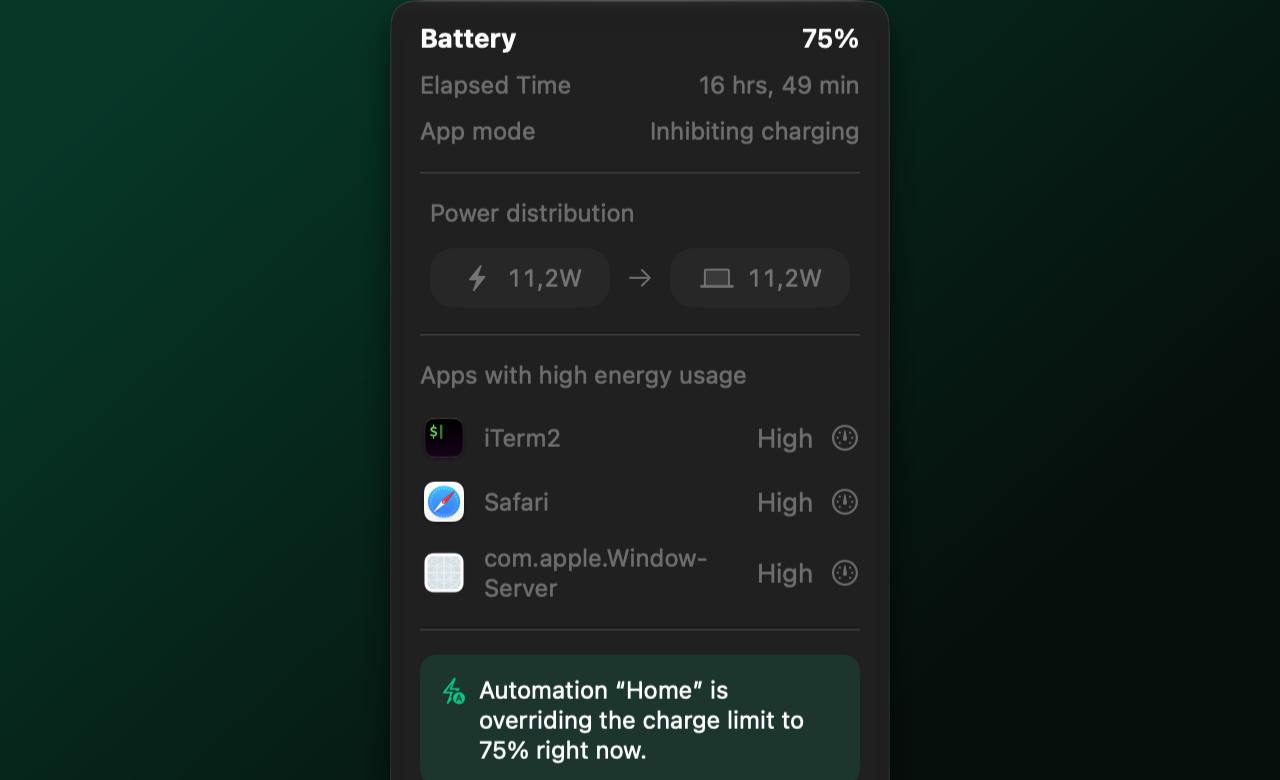 BatFi’s menu showing power distribution, 11.2 watts in and 11.2 watts out, and the apps with high energy usage: iTerm2, Safari and WindowServer.