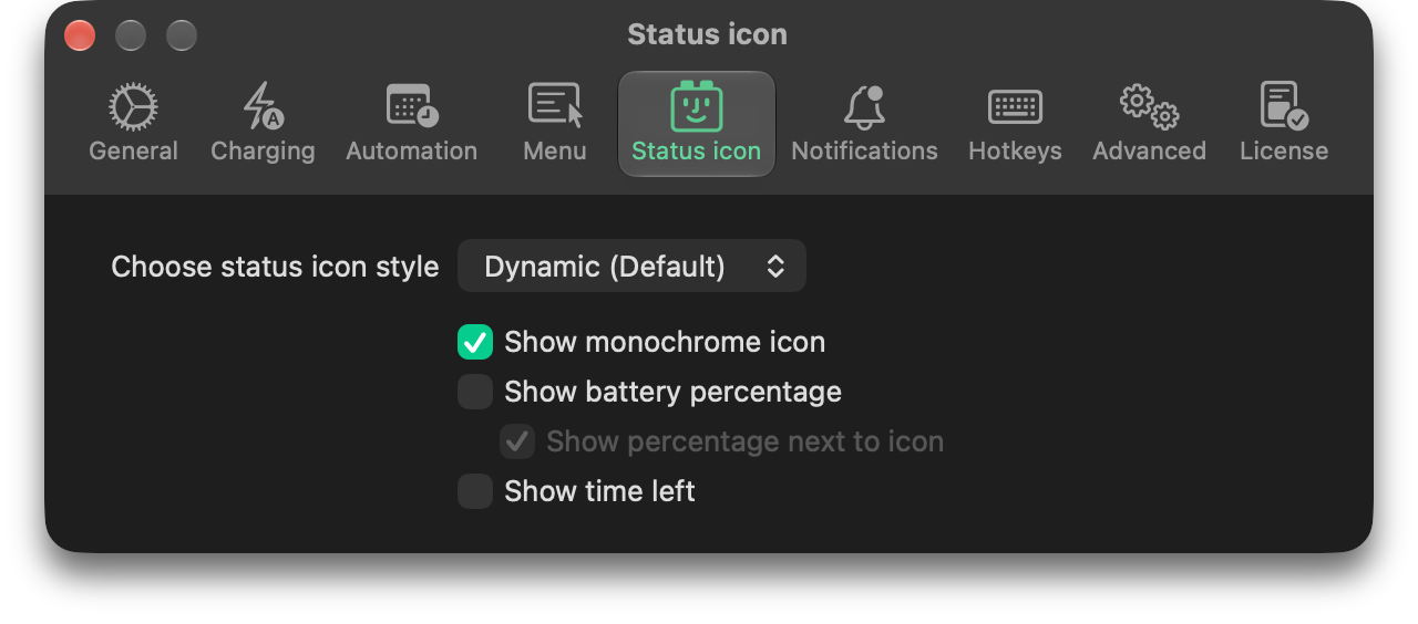 BatFi’s status icon settings: the style set to Dynamic, with options for a monochrome icon, the battery percentage and the time left.