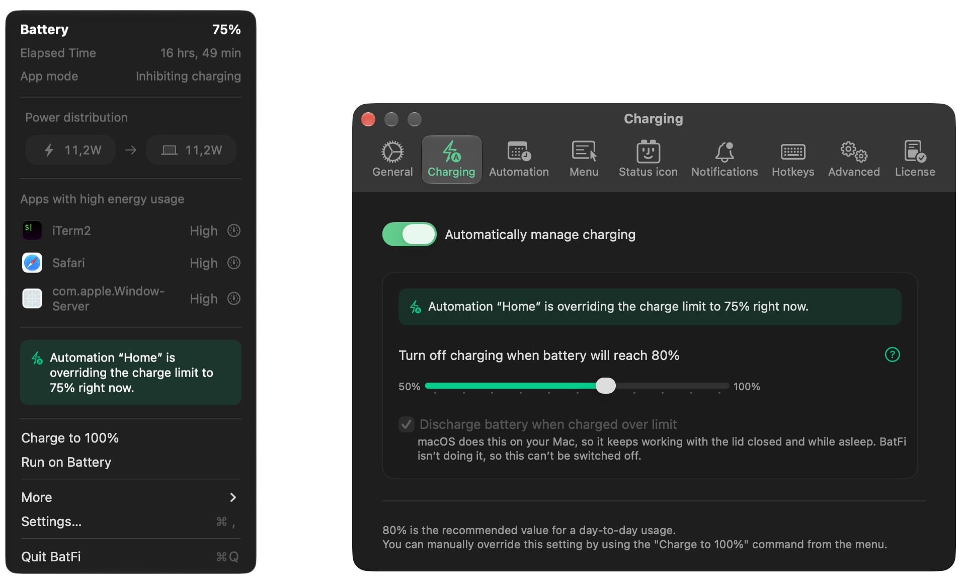 BatFi’s menu beside its Charging settings: the battery at 75 percent with power distribution and the apps using the most energy, and a charge limit held at 80 percent while the Home automation overrides it to 75.