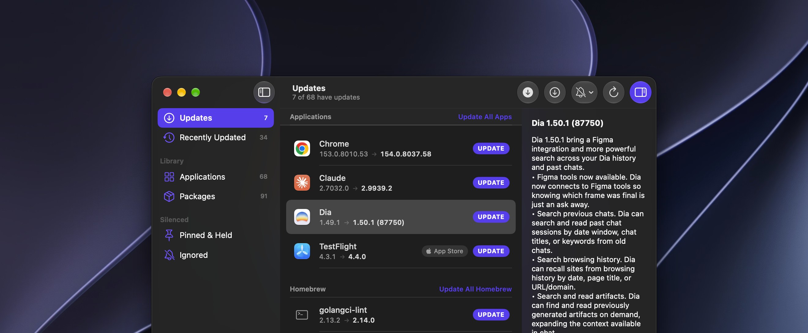 Herald’s Updates window: under Applications, Chrome, Claude, Dia and TestFlight,
             each with the version installed, the newer one, and an Update button, and Dia’s
             release notes beside the list.