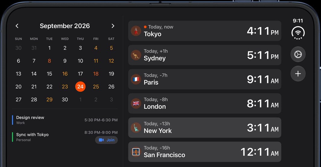 Horzono in dark mode on an open iPhone Duo: the September 2026 calendar and the day's events beside Tokyo, Sydney, Paris, London, New York and San Francisco, each with its local time.