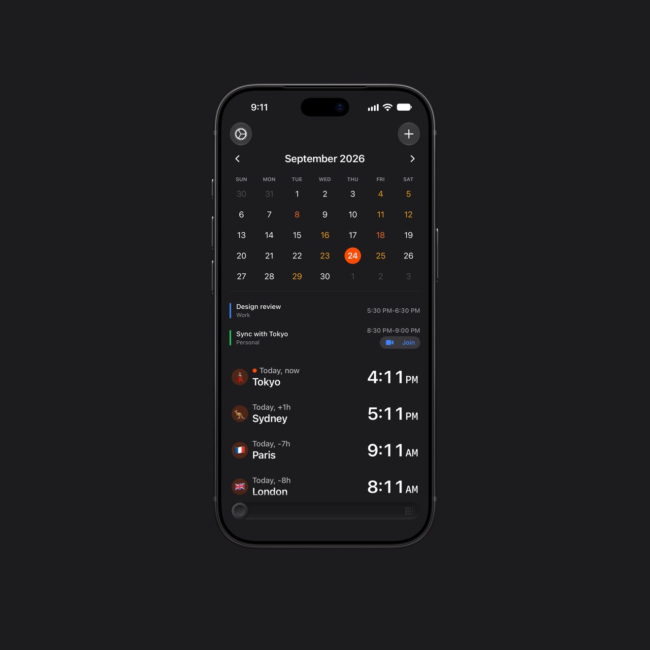 Horzono on iPhone in dark mode: the September 2026 calendar, two events and four cities with their local times.