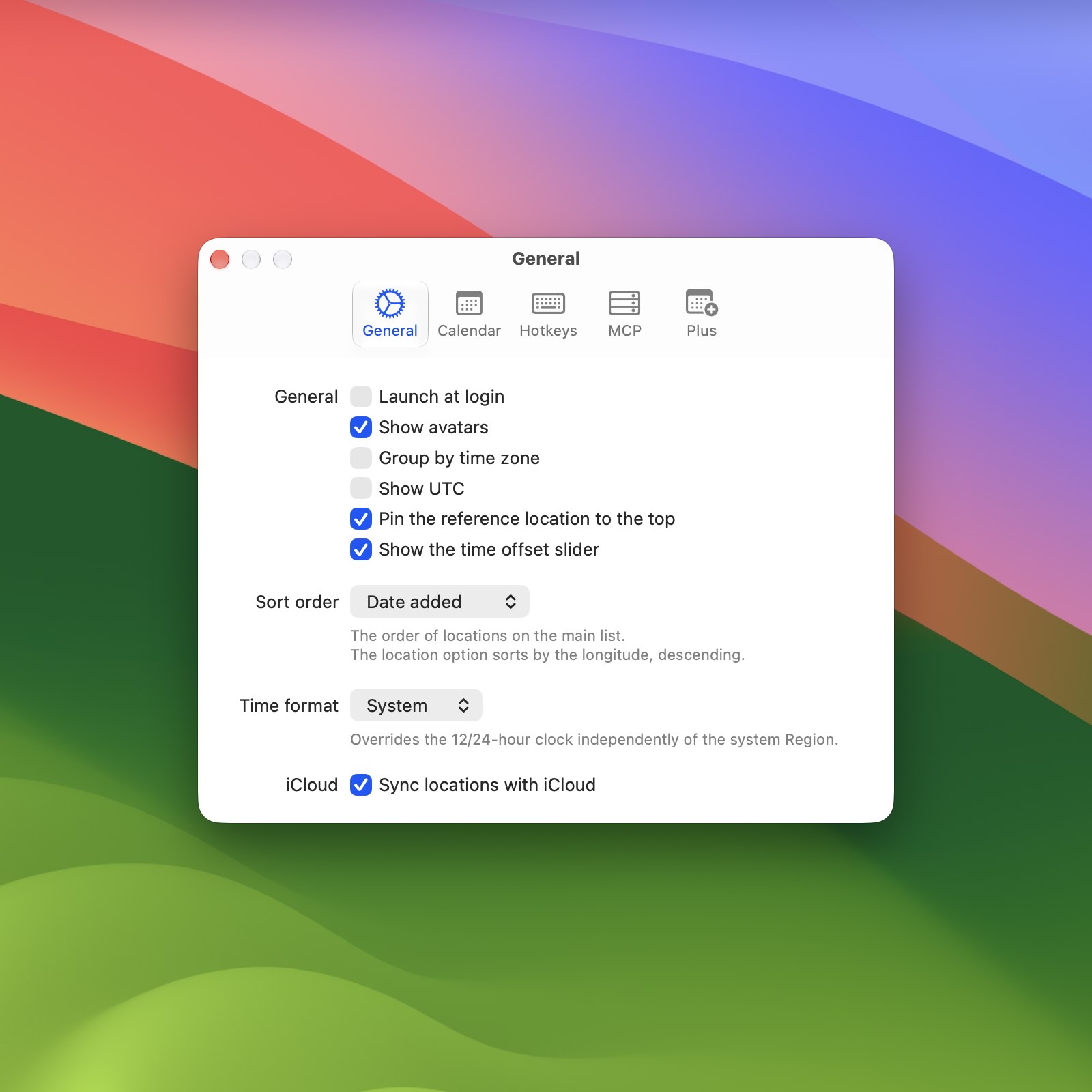 Horzono's General settings on the Mac, with iCloud sync on.