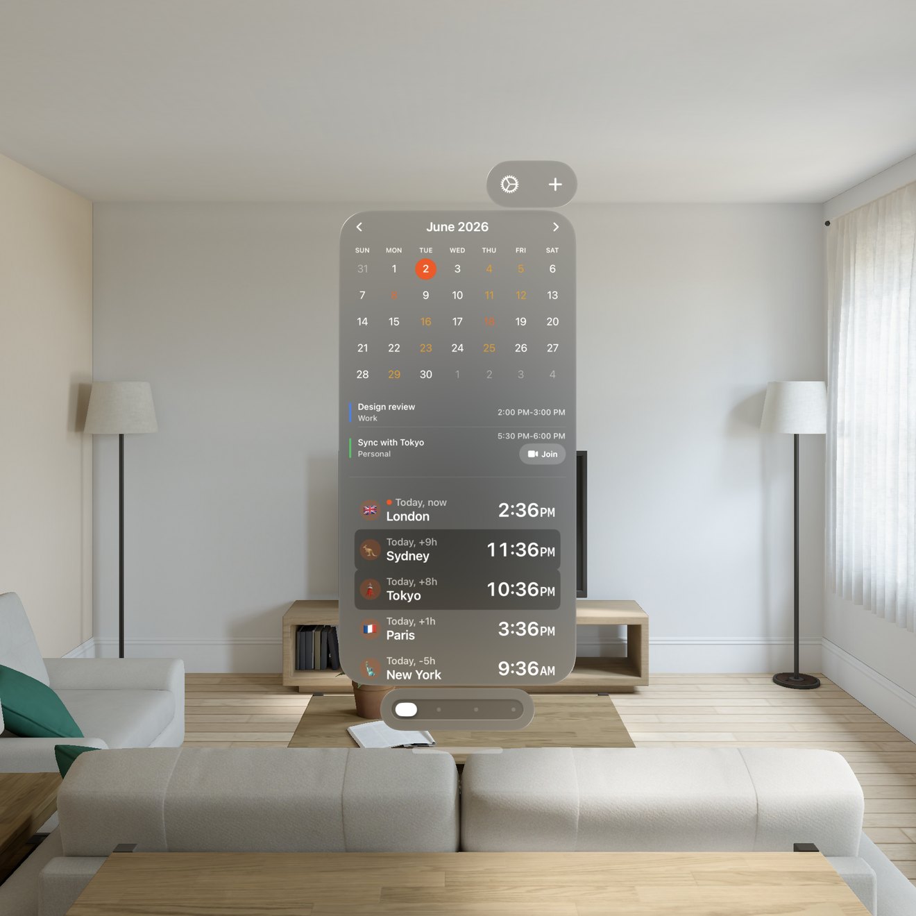 Horzono on Apple Vision&nbsp;Pro, its window floating in a living room: the June 2026 calendar with two events above five cities.