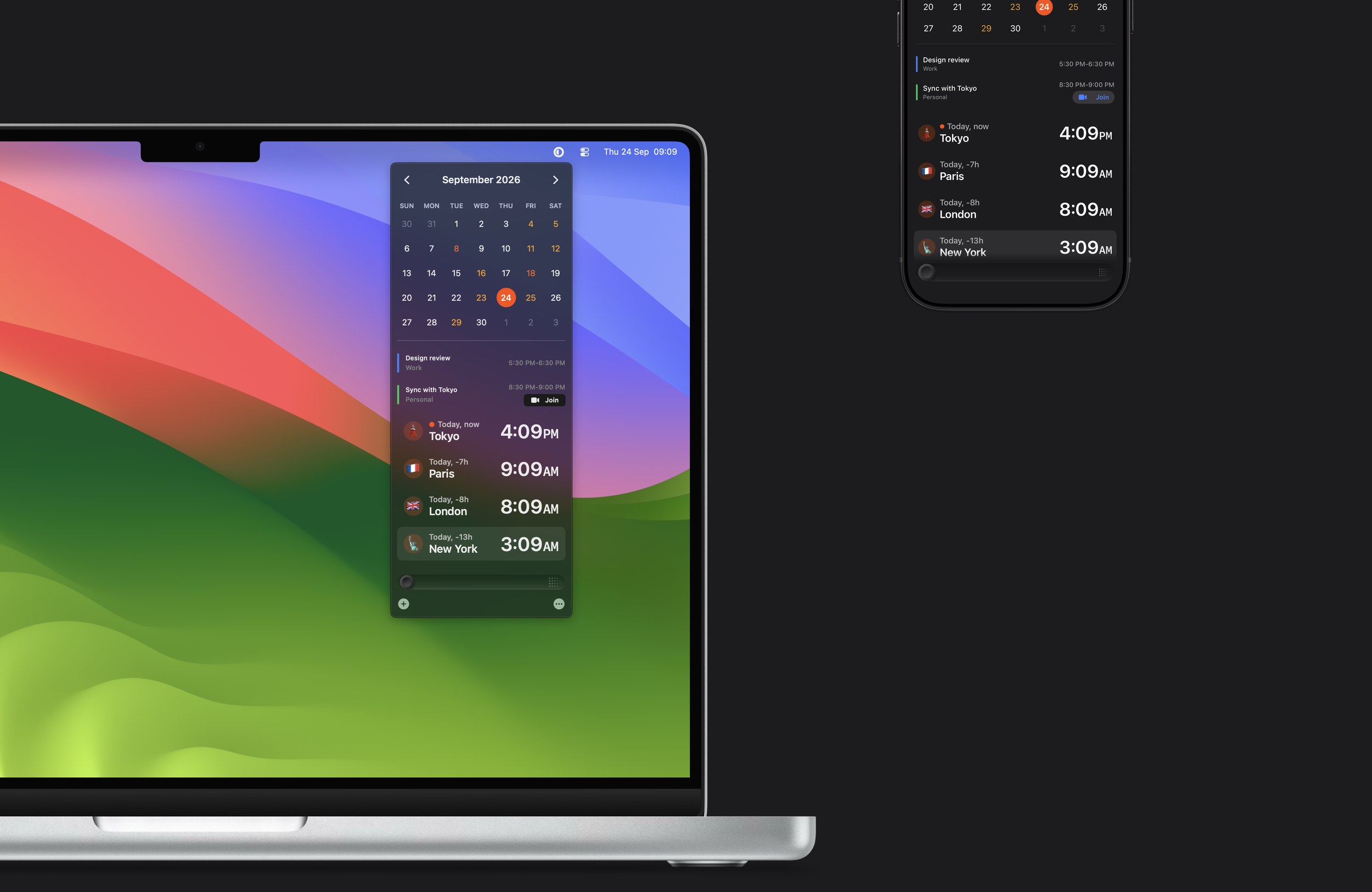 Horzono in dark mode on a MacBook Pro, open from the menu bar, and on an iPhone, both listing Tokyo, Paris, London and New York with their local times.