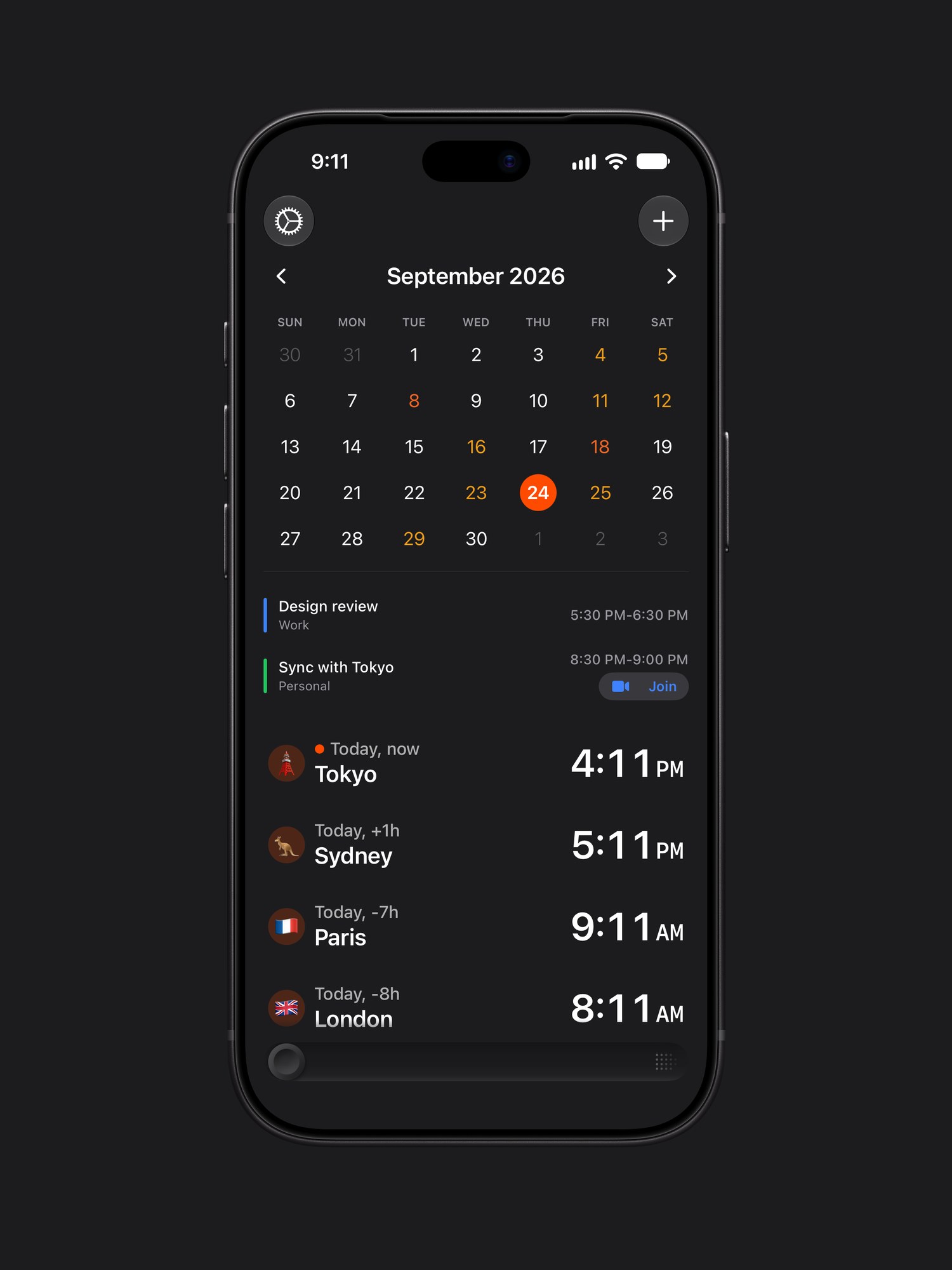 Horzono on iPhone in dark mode: the September 2026 calendar with the day's two events, above Tokyo, Sydney, Paris and London, each with its local time.