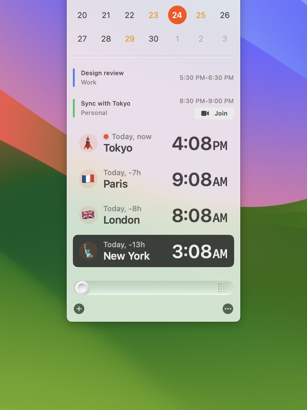 Horzono open from the menu bar on the Mac: the day's two events, Design review and Sync with Tokyo, with the call's Join button, above Tokyo, Paris, London and New York with their local times.