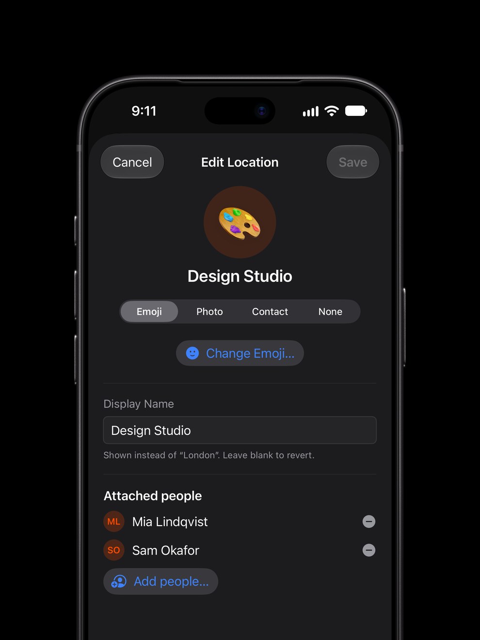 Horzono's Edit Location sheet on iPhone in dark mode: London renamed “Design Studio” with a palette emoji as its avatar, and two people attached to it.