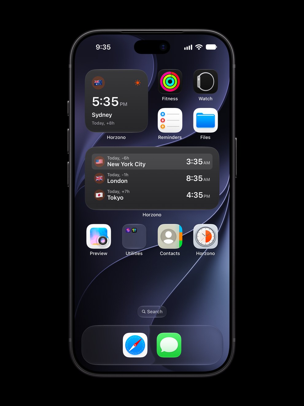 An iPhone Home Screen in dark mode with two Horzono widgets: Sydney on its own, and New York City, London and Tokyo with their local times.