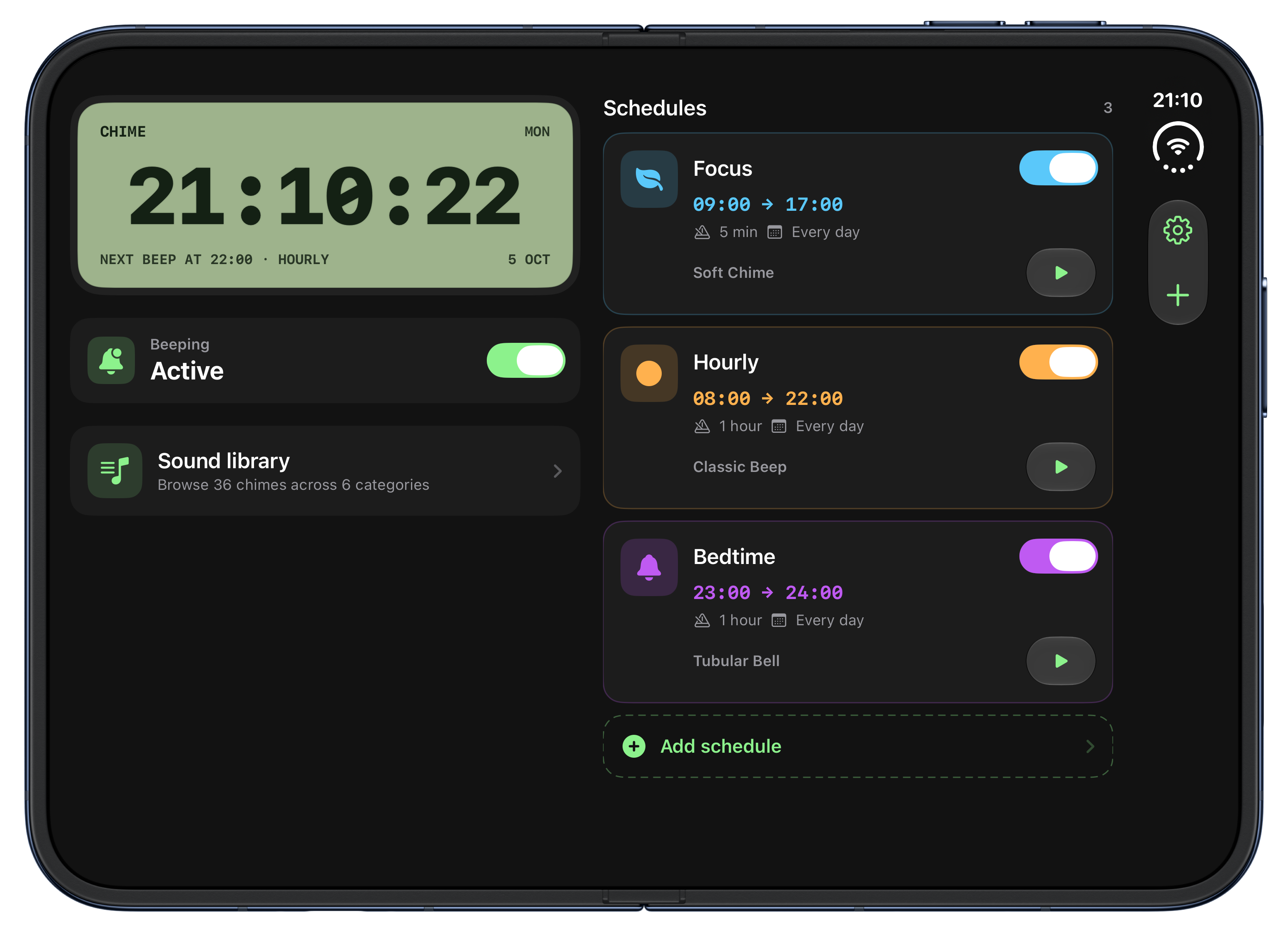Hourly Beep on the open iPhone Duo: the clock and sound library on the left, with five-minute, hourly and bedtime schedules on the right. Each uses a different sound, with the bedtime chime at 23:00. Pro is unlocked.