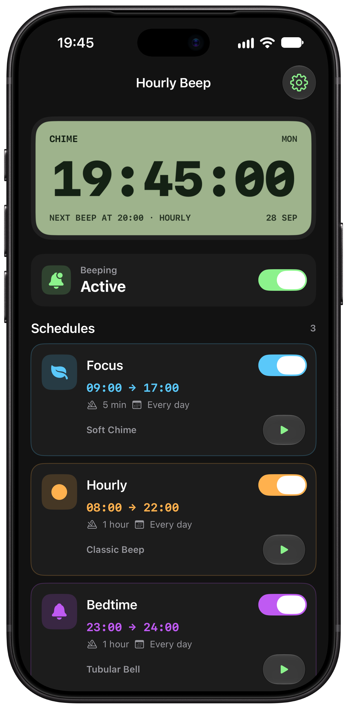 Hourly Beep with its green LCD clock and three schedules: Soft Chime every 5 minutes, Classic Beep every hour, and Tubular Bell once at 23:00.