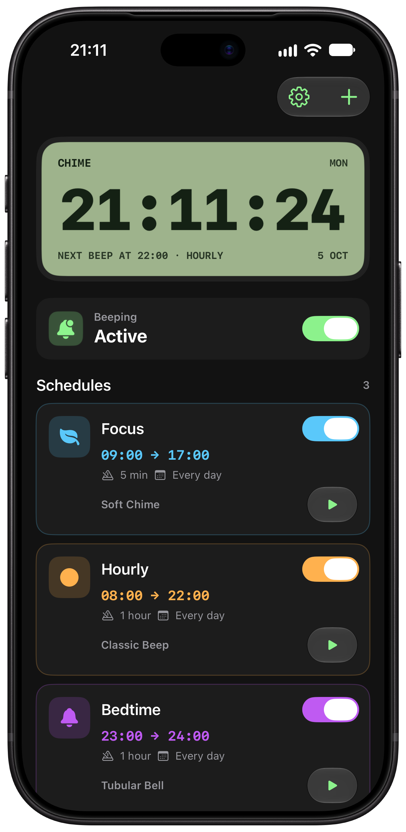 Hourly Beep with its green LCD clock and three schedules: Soft Chime every 5 minutes, Classic Beep every hour, and Tubular Bell once at 23:00.