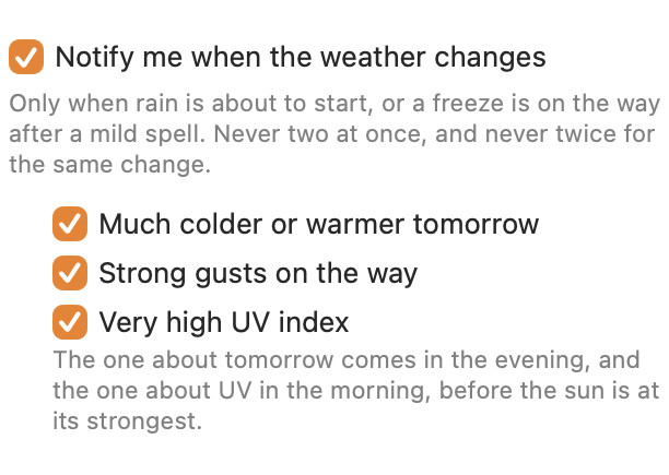 Vetero's notification settings for weather changes: rain about to start or a freeze after a mild spell, and much colder or warmer tomorrow, strong gusts on the way and a very high UV index.