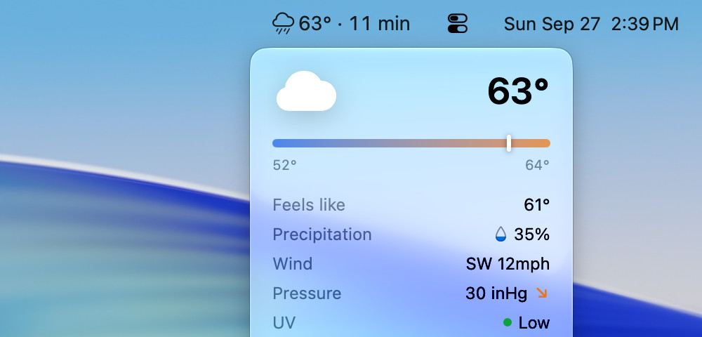 Vetero in the menu bar counting down to rain, 63 degrees and 11 minutes, above the top of its popover.