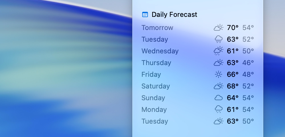 The daily forecast in Vetero's popover: tomorrow and the eight days after it.