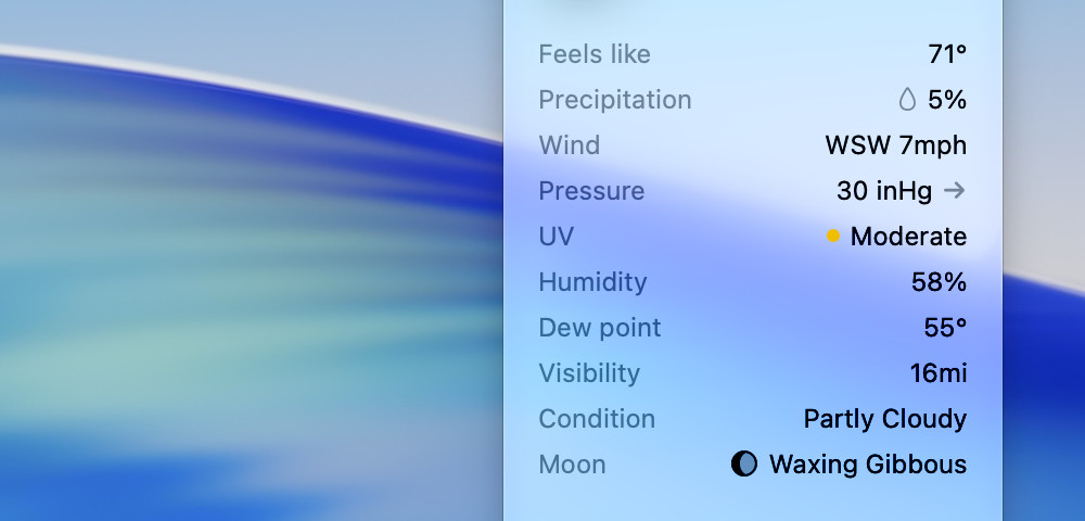Vetero's readings: feels like, precipitation, wind, pressure with its trend, UV, humidity, dew point, visibility, the condition and the moon.