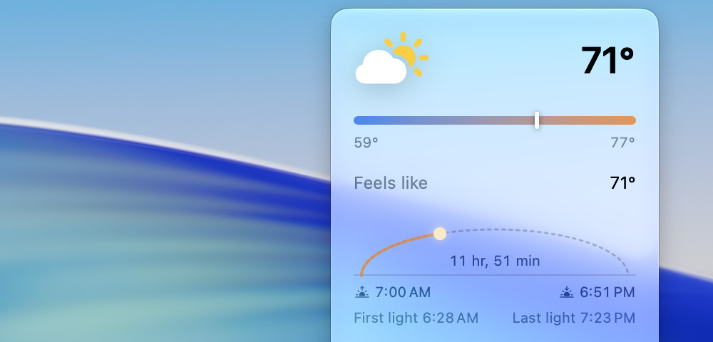 Today's high and low as a range, and the sun's path across the day from 7:00 AM to 6:51 PM.