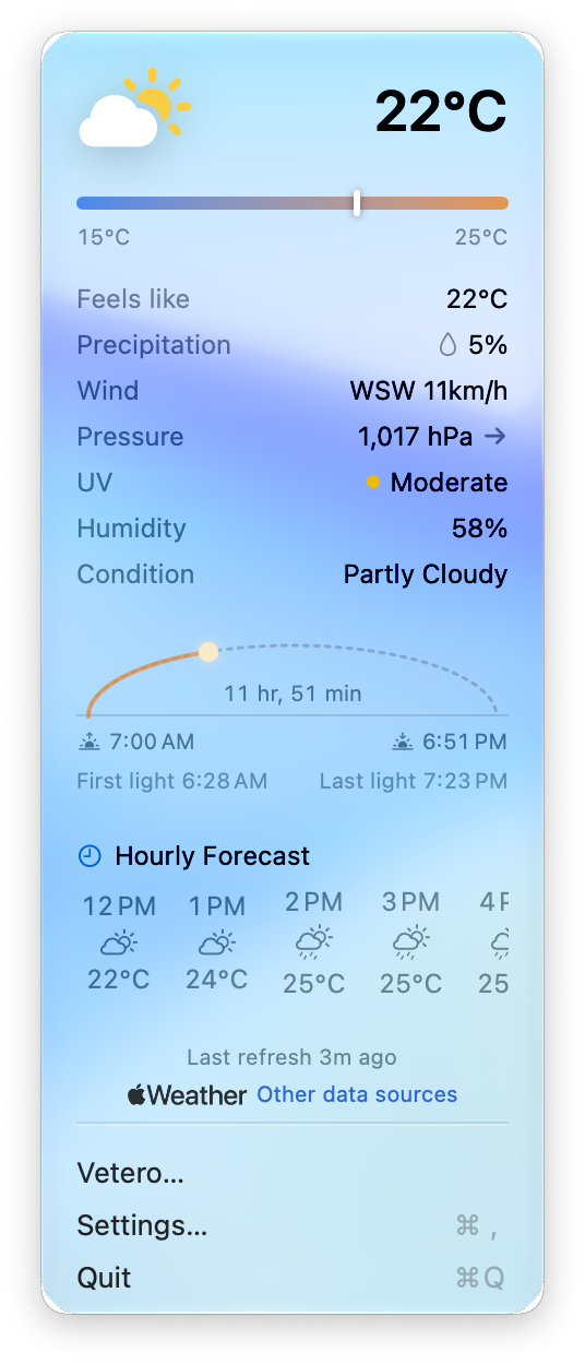 Vetero's popover: the conditions now, how warm it feels, wind, humidity, UV and pressure, the sun's path across the day and the next few hours.