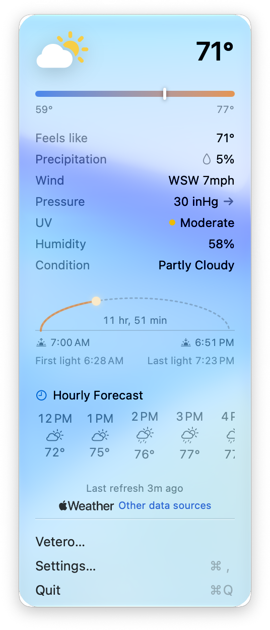 Vetero's popover: the conditions now, how warm it feels, wind, humidity, UV and pressure, the sun's path across the day and the next few hours.