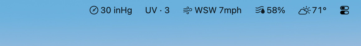 Vetero's items in the Mac menu bar: pressure, UV, wind and humidity, each an item of its own, beside the temperature with a weather symbol.