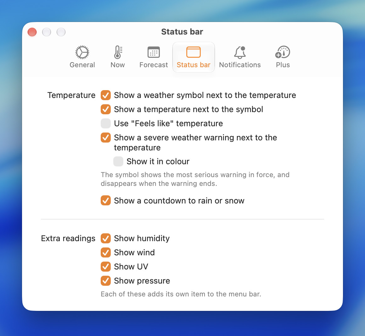 Vetero's Status bar settings: a weather symbol and the temperature, a warning symbol and a countdown to rain or snow, and humidity, wind, UV and pressure as items of their own.