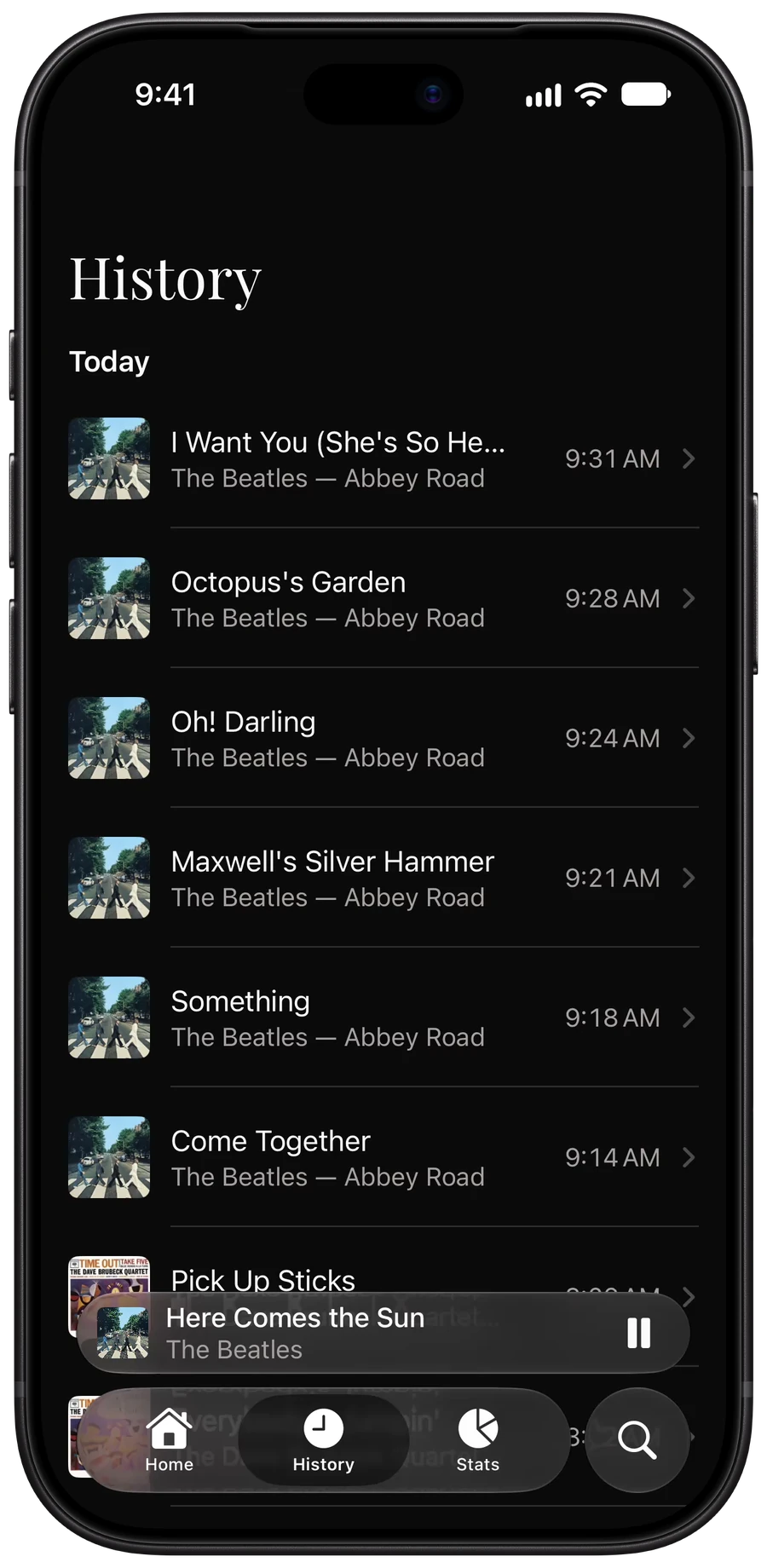 Winyl’s History on an iPhone: today’s plays, tracks of Abbey Road by The Beatles with the times they were played, the latest at 9:31 AM.