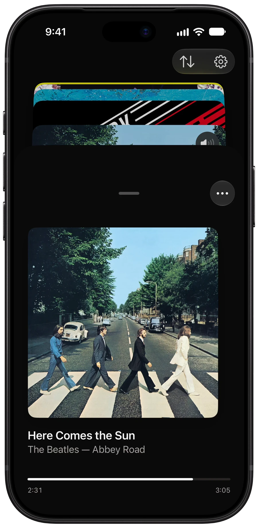 Winyl’s player on an iPhone: Abbey Road’s cover, large, over Here Comes the Sun by The Beatles, 2:31 of 3:05 played.